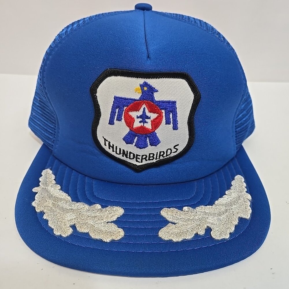 VTG USAF Thunderbirds Trucker Hat Blue Air Force Patch Cap Silver Brim Accents